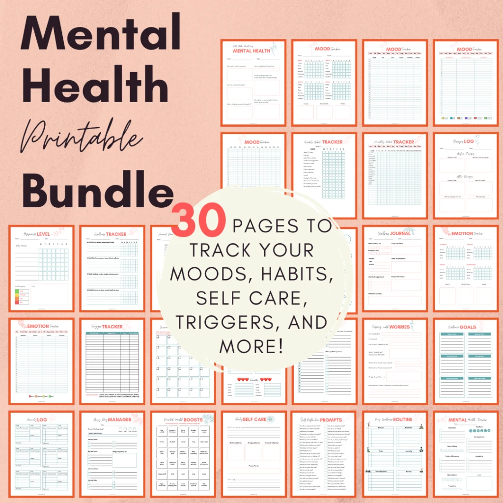 Mental Health Journal Digital - Printable Mood Trackers, Habit Trackers, Self Love & Self Care Planner, Emotion Trackers, Trigger Tracker, +